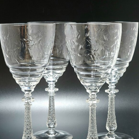 4 Rock Sharpe Dixie Wine Glasses 7.75" goblets vtg Depression glass cut glass - Picture 4 of 6